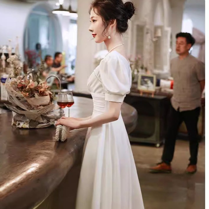 French White Certificate Registration Dress Can Be Worn At Ordinary Times In Summer Slimming Look Puff Sleeves Square Collar Mid-Length Dress - Image 4